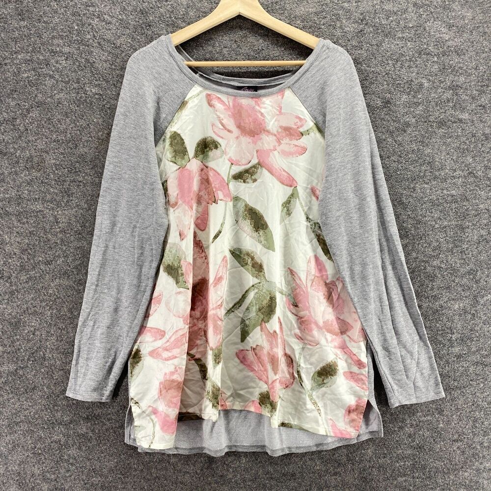 Oh Baby Motherhood T-Shirt Women L Large Gray Floral Long Sleeve Round Neck